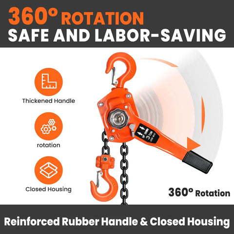 Built Tough 3 Ton Manual Lever Hoist Packed With G80 Galvanized Chain Dual Swivel Hooks And Lockdown Brake System showing 360° handle rotation.