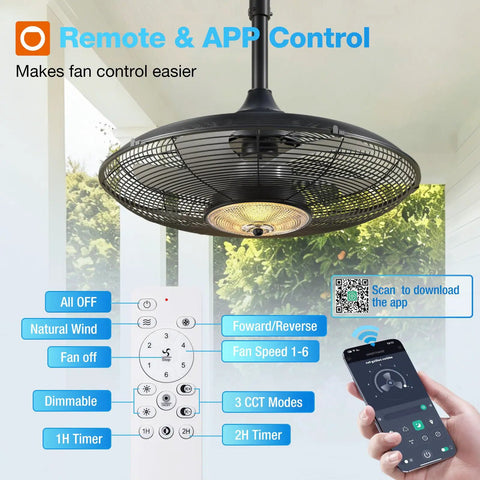 Outdoor Ceiling Fan With Light For Patios And Pergolas, 20-Inch IP65 Waterproof Gazebo Fan With Remote And App Control display