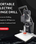 WYDDARY portable electric hinge drill press for cabinet hinges; black frame with ruler-guided drill on white work table