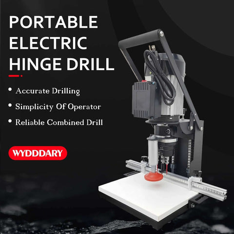 WYDDARY portable electric hinge drill press for cabinet hinges; black frame with ruler-guided drill on white work table