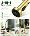 OWOFAN Pull Down Kitchen Faucet with Cup Washer Brushed Gold showing 2-in-1 sprayer head with stream and spray modes.