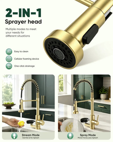 OWOFAN Pull Down Kitchen Faucet with Cup Washer Brushed Gold showing 2-in-1 sprayer head with stream and spray modes.