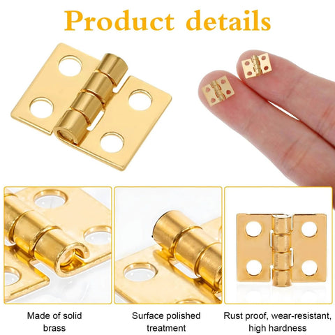 Close-up of gold brass tiny hinges 8x10mm for jewelry boxes, DIY projects, package includes 100 hinges, 400 screws.