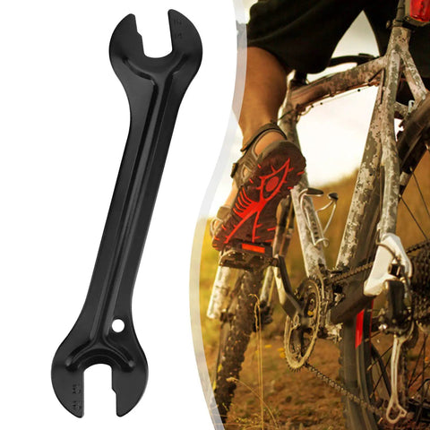 2 Pack Bicycle Cone Spanner Hub Wrench Set with Double Sided Pedal Wrenches for 13mm and 14mm sizes with a cyclist repairing a bike