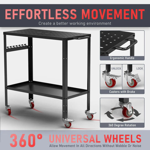 Heavy Duty Welding Table Workbench With Rock Solid 1200 Pound Capacity Plus 36 By 18 Inch Surface Rust Proof Finish Made For Busy Shop Floors Garage Crews And Fabricators Built To Last on wheels with ergonomic handle.