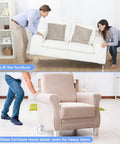 Two images showing furniture movement: a couple lifting a sofa and a person pushing an armchair across hardwood floor with ease.