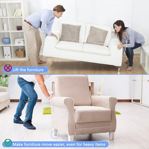 Two images showing furniture movement: a couple lifting a sofa and a person pushing an armchair across hardwood floor with ease.