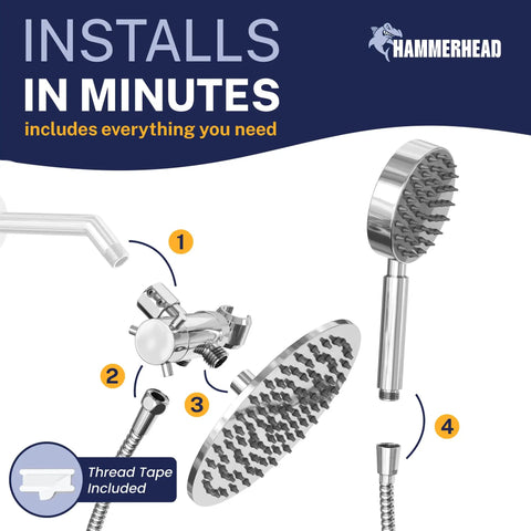 Solid Metal Dual Shower Head Combo Chrome 8 Inch Rainfall High Flow With Handheld Shower Head 6 Ft Hose High Pressure System