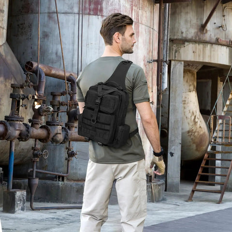 Man wearing Rugged Tactical Molle Sling Bag With Single Strap For Men EDC Everyday Carry Pack, in industrial setting