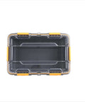 Heavy Duty IP68 Waterproof Plastic Storage Tote Featuring Tough As Nails Gasket Seal And Secure Latches Rugged Gray Bin viewed from above.