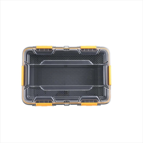 Heavy Duty IP68 Waterproof Plastic Storage Tote Featuring Tough As Nails Gasket Seal And Secure Latches Rugged Gray Bin viewed from above.