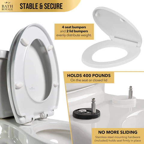 Elongated Soft Close Toilet Seat Heavy Duty Scratch Resistant Universal Fit Top Tier Bathroom Essential features 4 seat bumpers.