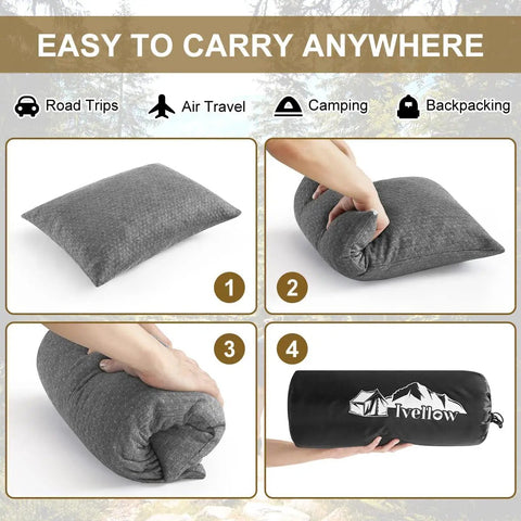 Travel Camping Pillow With Shredded Memory Foam, Ultra Compact And Compressible, medium firm support in various stages of packing