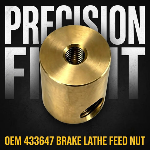 Brake Rotor Lathe Feed Nut Replacement Copper Part 433647 front view, gold finish with precision fit text background.