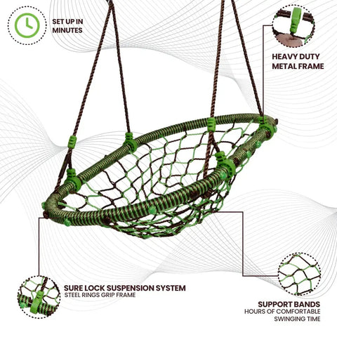 Outdoor Tree Swing Chair For Kids And Adults With Multi Position Comfort Weather Resistant Heavy Duty Metal Frame Easy Mount And Safe Swing Supports Up To 200 Lbs showcasing green net design and heavy-duty frame