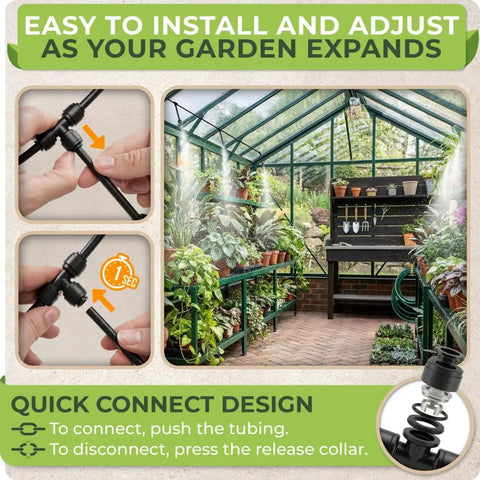 Tutorial showing installation of 33 Ft Outdoor Misting System For Patio Cooling in a greenhouse, easy garden faucet setup.