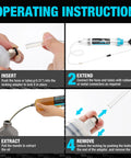 DURATECH 500cc fluid extractor instructional collage showing insert, extend, extract, and remove steps with long hose.