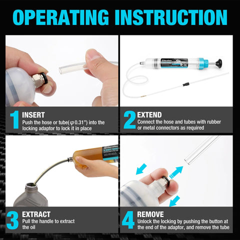 DURATECH 500cc fluid extractor instructional collage showing insert, extend, extract, and remove steps with long hose.