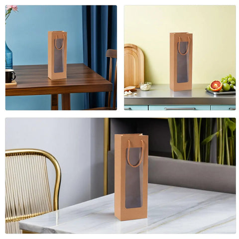 Kraft Paper Wine Bags With Window And Handles 24 Pack Elegant Brown Tote Bags displayed in kitchen and dining setting.