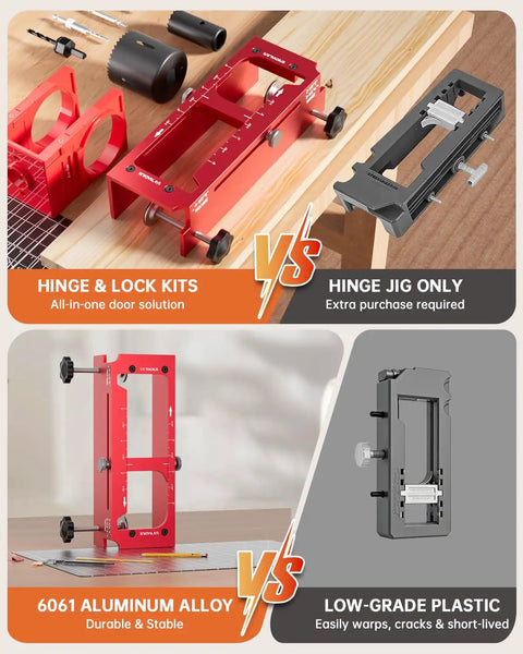 Heavy Duty Door Hinge Jig And Lock Installation Kit Solid Aluminum Router Template For Hinge Mortising And Knob Drilling Built Tough Weekend Warrior Tool Set showing 6061 aluminum alloy jig versus plastic design.