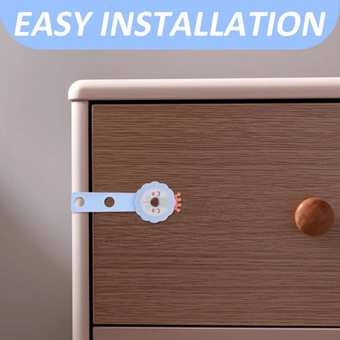 Three Piece Safety Cabinet Locks For Drawers And Doors With ABS And PE Material on a wooden drawer, easy installation shown.