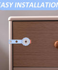 Easy install 3 Piece Childproof Drawer Locks for Cabinets and Drawers, adhesive ABS and PE safety locks on wooden cabinet, kid-proof kit.