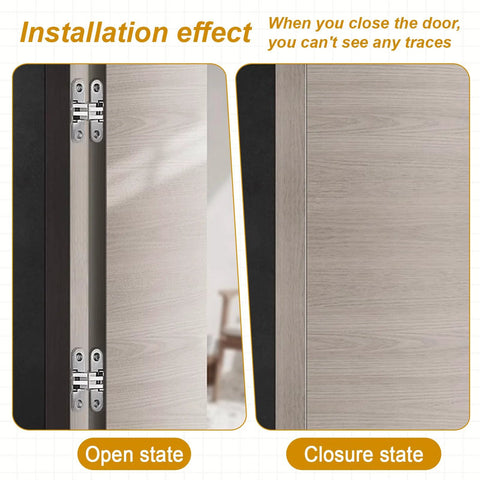 Open and closed views of 4 Pack Stainless Steel Invisible Hinges For Doors And Cabinets With 180 Degree Hidden Cross And Swing Hinges And Included Screws For Easy Durable Mounting