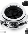 Heavy Duty Twist Lock Garbage Disposal Flange Kit Designed For Hassle Free Kitchen Sink Drain Replacement Plus Super Breezy Home Upgrade With Sleek Silver Finish, detailed view showing polished stainless steel and black interior.