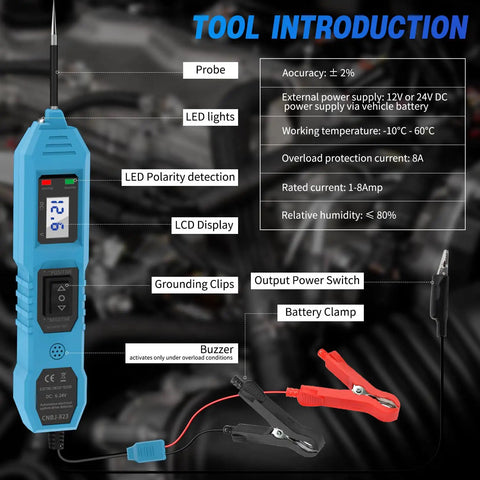 Versatile 6V 12V 24V Automotive Circuit Tester For Cars And Trucks, Fast Short Circuit Finder And Fuse Voltage Tester Light, Continuity Checker, No Guesswork Electric Diagnostic Tool That Makes Car Troubles A Breeze On The Go Blue. Blue automotive circuit tester with LCD, LED lights, clamps, and probe