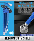 9-piece ball end metric hex key set in blue, featuring chrome vanadium steel, 23cm long, shown with torque handle for tight spaces.