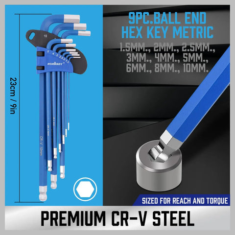 9-piece ball end metric hex key set in blue, featuring chrome vanadium steel, 23cm long, shown with torque handle for tight spaces.
