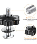 Close-up of Five Piece T Track Bolt And Knob Kit with M6 threads, 40mm bolt, 32mm knob head, stainless washer, black and silver finish.