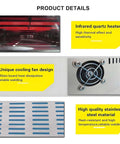 Product details of 3300W Automatic Reflow Soldering Machine With LCD Screen And Hot Air Circulation SMT Oven, featuring quartz heaters and fan.