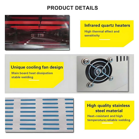 Product details of 3300W Automatic Reflow Soldering Machine With LCD Screen And Hot Air Circulation SMT Oven, featuring quartz heaters and fan.