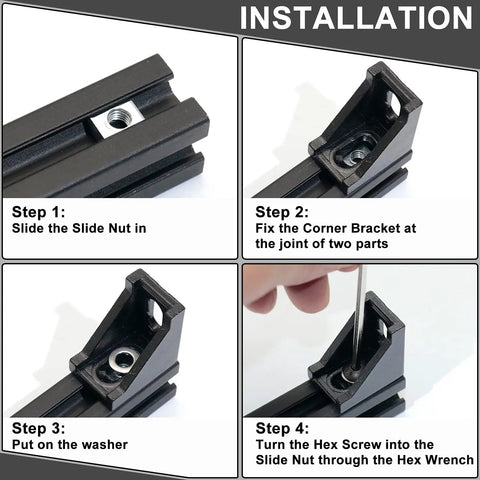 Installation steps for 20 Corner Bracket Kit for 2020 Aluminum Extrusion Rails with hex screws and slide nuts in use.