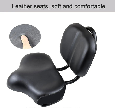 Oversized Bike Seat With Backrest For All Day Comfort Memory Foam Latex Padding Waterproof PU Cushion Universal Fit For Mountain Commuter Electric Bikes And Trikes black leather bike seat with backrest, cushioned close-up