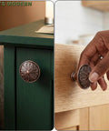 Antique Copper Kitchen Cabinet Knobs Set For 1.4 Inch Cabinets, Solid Zinc Alloy Round Knobs installed on green and oak drawers