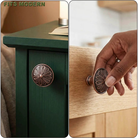 Antique Copper Kitchen Cabinet Knobs Set For 1.4 Inch Cabinets, Solid Zinc Alloy Round Knobs installed on green and oak drawers