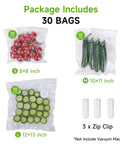 Package of Reusable BPA Free Vacuum Sealer Bags For Food, 30 Count with various sizes and vegetables, includes zip clips