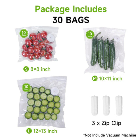 Package of Reusable BPA Free Vacuum Sealer Bags For Food, 30 Count with various sizes and vegetables, includes zip clips