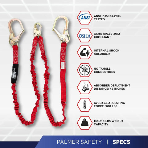 6 Ft Double Leg Safety Lanyard With Internal Shock Absorber OSHA ANSI Compliant Restraint Lanyard shown with spec icons