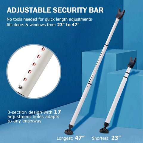 Heavy Duty Sliding Door Security Bar 23 To 47 Inch Adjustable With Anti Slip 360 Degree Base, shown with Y Fork Head