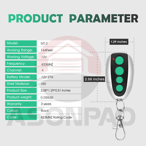 Product parameters for Three Pack M12 Gate Opener Remote with four-button controls and industrial grade chip 433.92MHz
