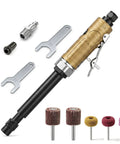 Badass Air Die Grinder With Extended Long Shaft For Tight Squeeze Tasks, Dual Collets, 22000 RPM, Rock Solid Gold Power Tool displayed with accessories.