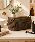 Premium Travel Wash Bag For Men And Women Rock Solid Buffalo Leather Shaving Kit Pouch on bathroom counter with grooming essentials.
