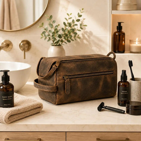 Premium Travel Wash Bag For Men And Women Rock Solid Buffalo Leather Shaving Kit Pouch on bathroom counter with grooming essentials.