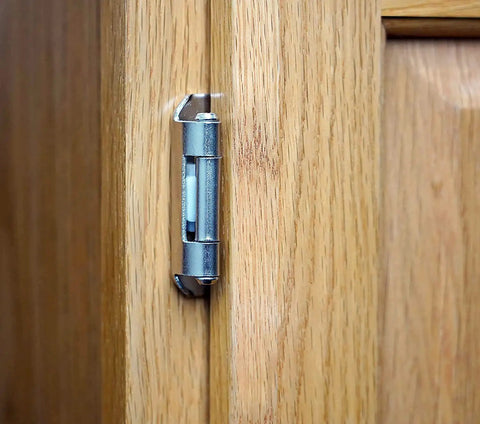 Half Inch Overlay Full Wrap Cabinet Hinges For Kitchen Self Closing Satin Brushed Nickel Finish installed on wood cabinet