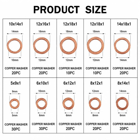 Copper Washers Set 200 Piece Assortment Kit All In One With 9 Sizes Metric Copper Crush Washers Flat Sealing Gaskets For Oil Pan Plug Universal Automotive Washer Kit For Cars Trucks Motorcycles Gold Finish size chart of 10x14x1 to 14x18x1 washers