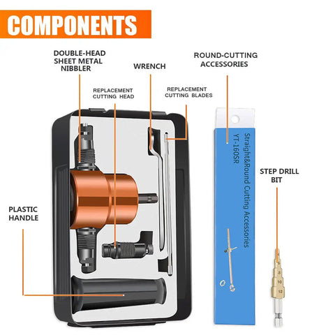 Heavy Duty Dope Double Headed Sheet Metal Nibbler For Straight Curve And Circle Cutting Drill Attachment components displayed