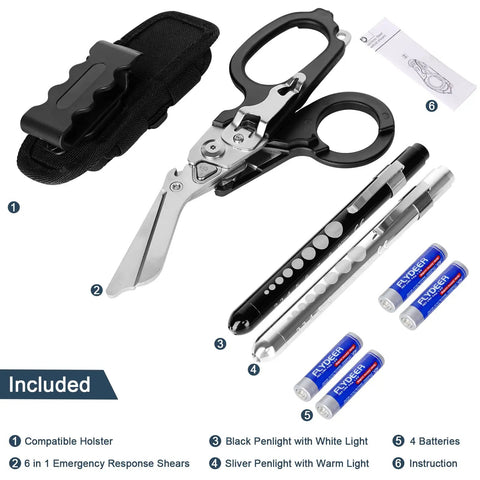 6 In 1 Emergency Response Shears For Everyday Carry with holster, black and silver penlights, batteries, and instructions.